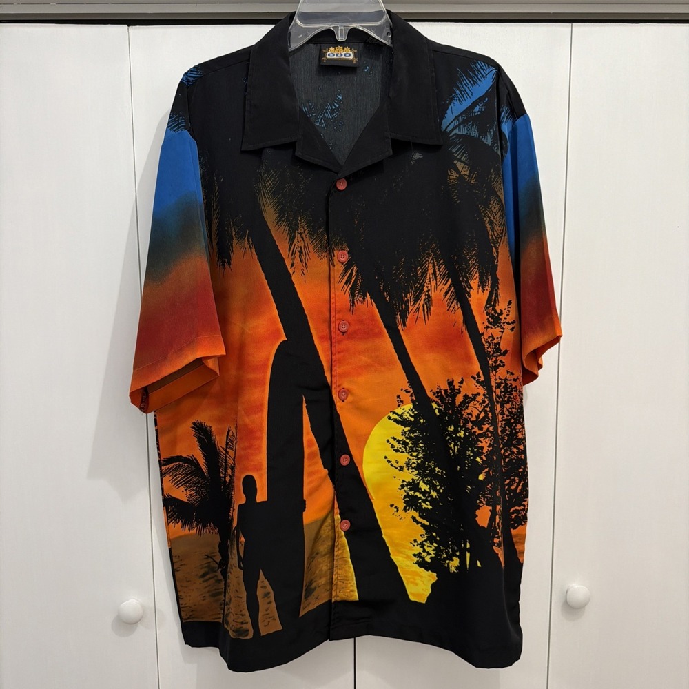 VTG ODO Men's XL Surfboard & Sunset Beach Shirt, Satin Y2K, AOP Graphic